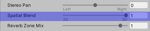 Audio Source Spatial Blend slider set to 3D