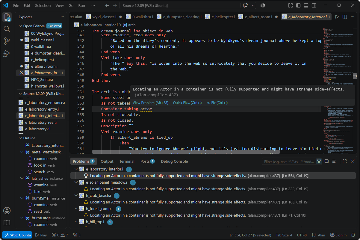 Compiler message on hover, and the Problems panel routing the same warning to six different .i files