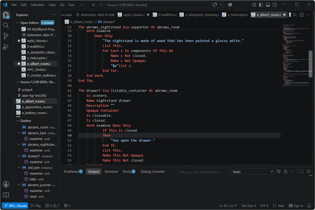 Alan IF IDE editing a multi-file adventure