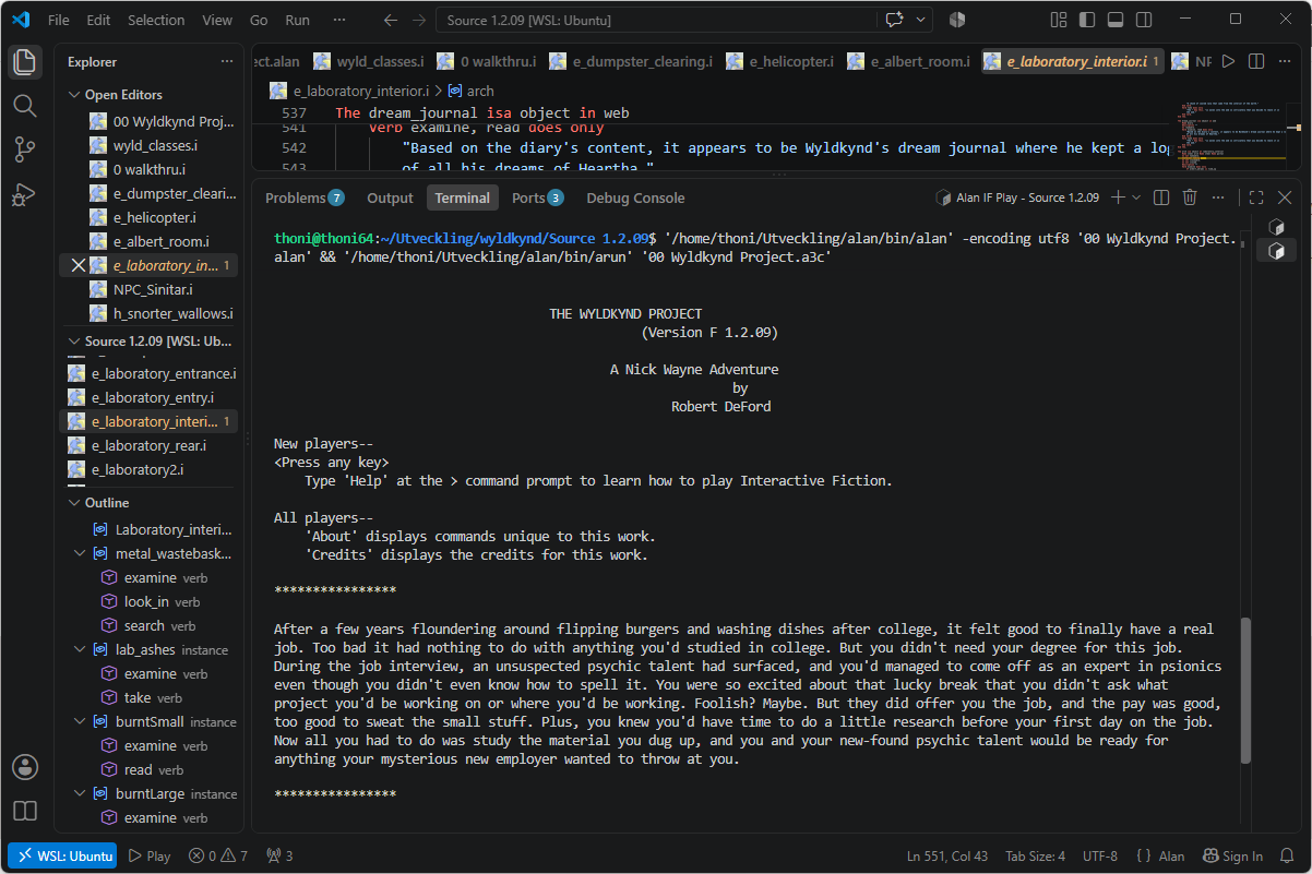 The adventure compiled and running in the integrated terminal