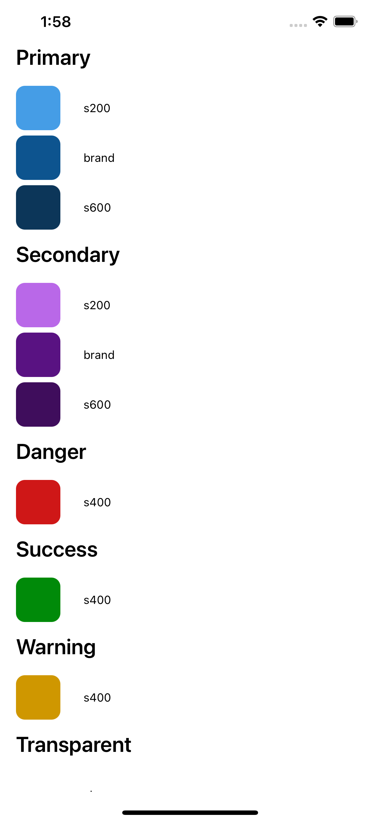 A section of the app, showing a list of primary and secondary colors.