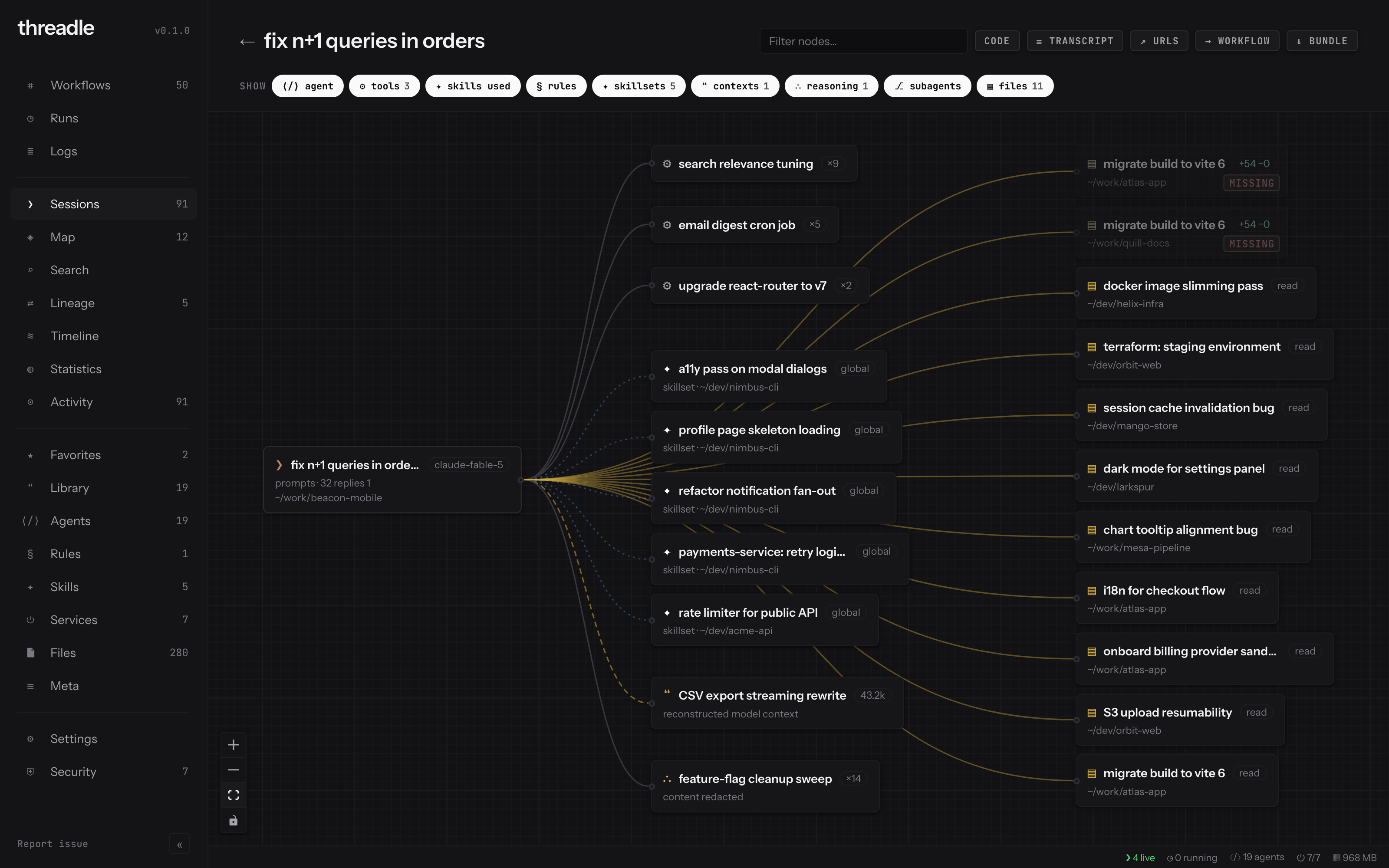 Session blueprint: turns, tool calls, files touched, and subagents for one session
