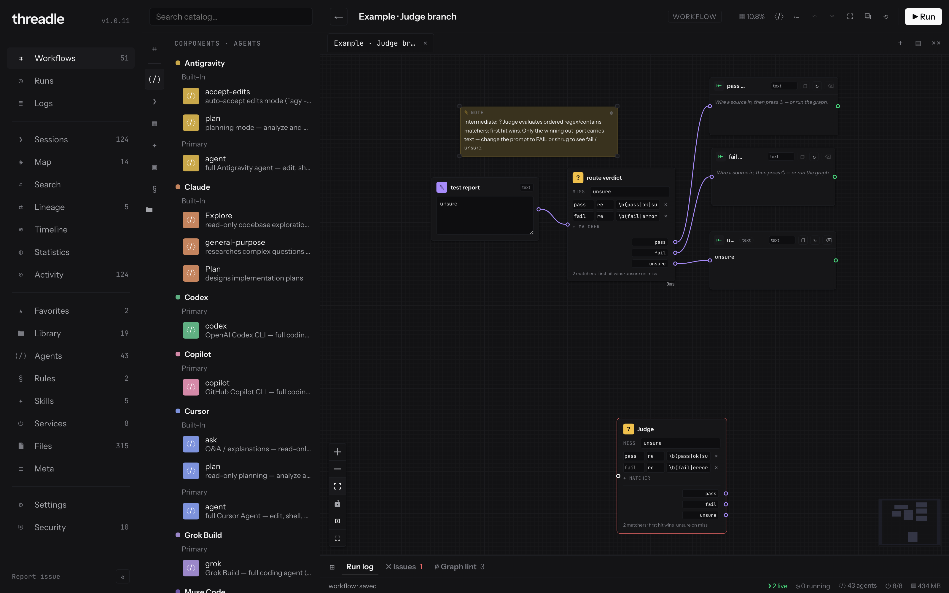 threadle canvas: agents, sessions, and context wired into one workflow