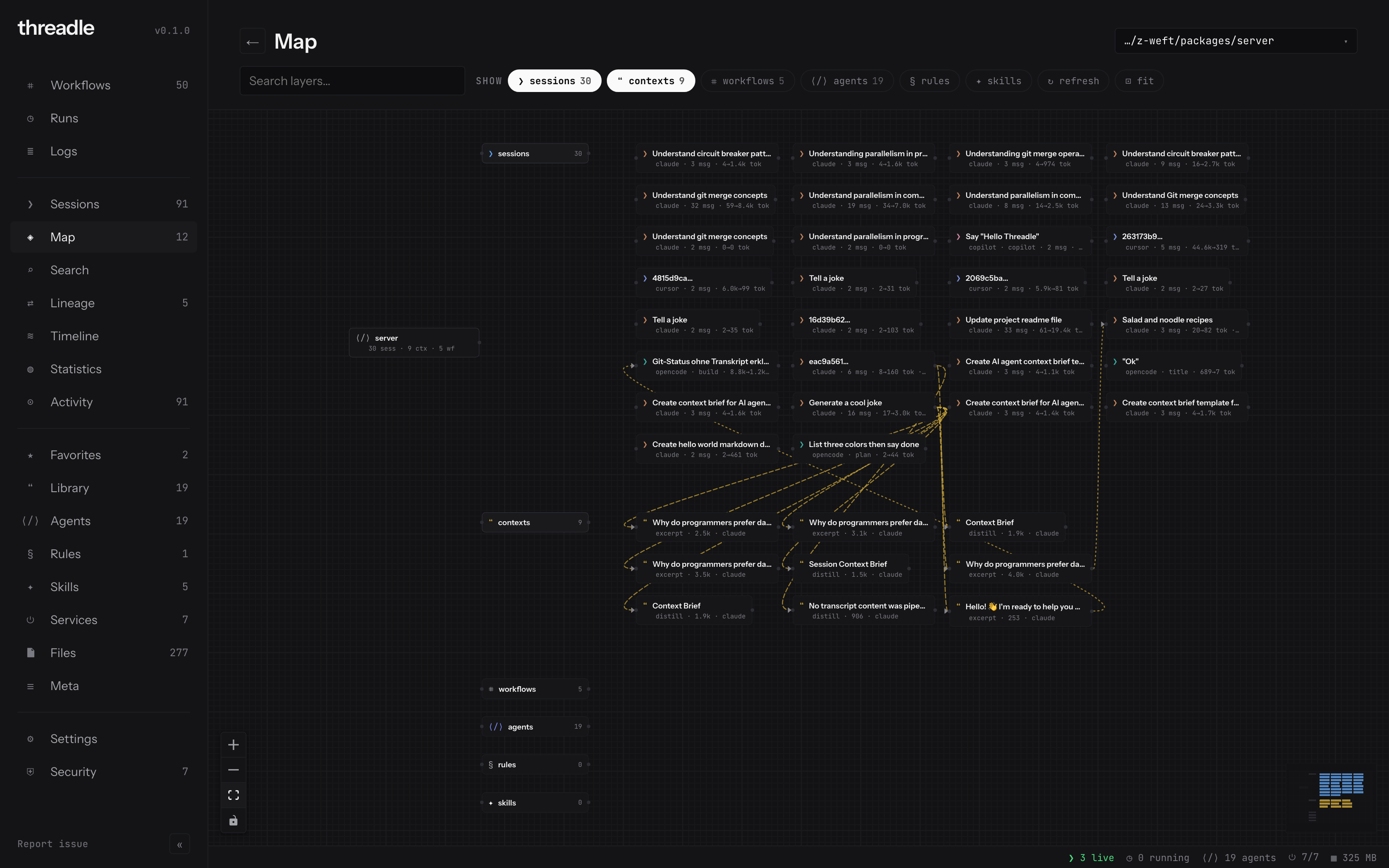 Map: one project as a graph of sessions, contexts, workflows, and agents