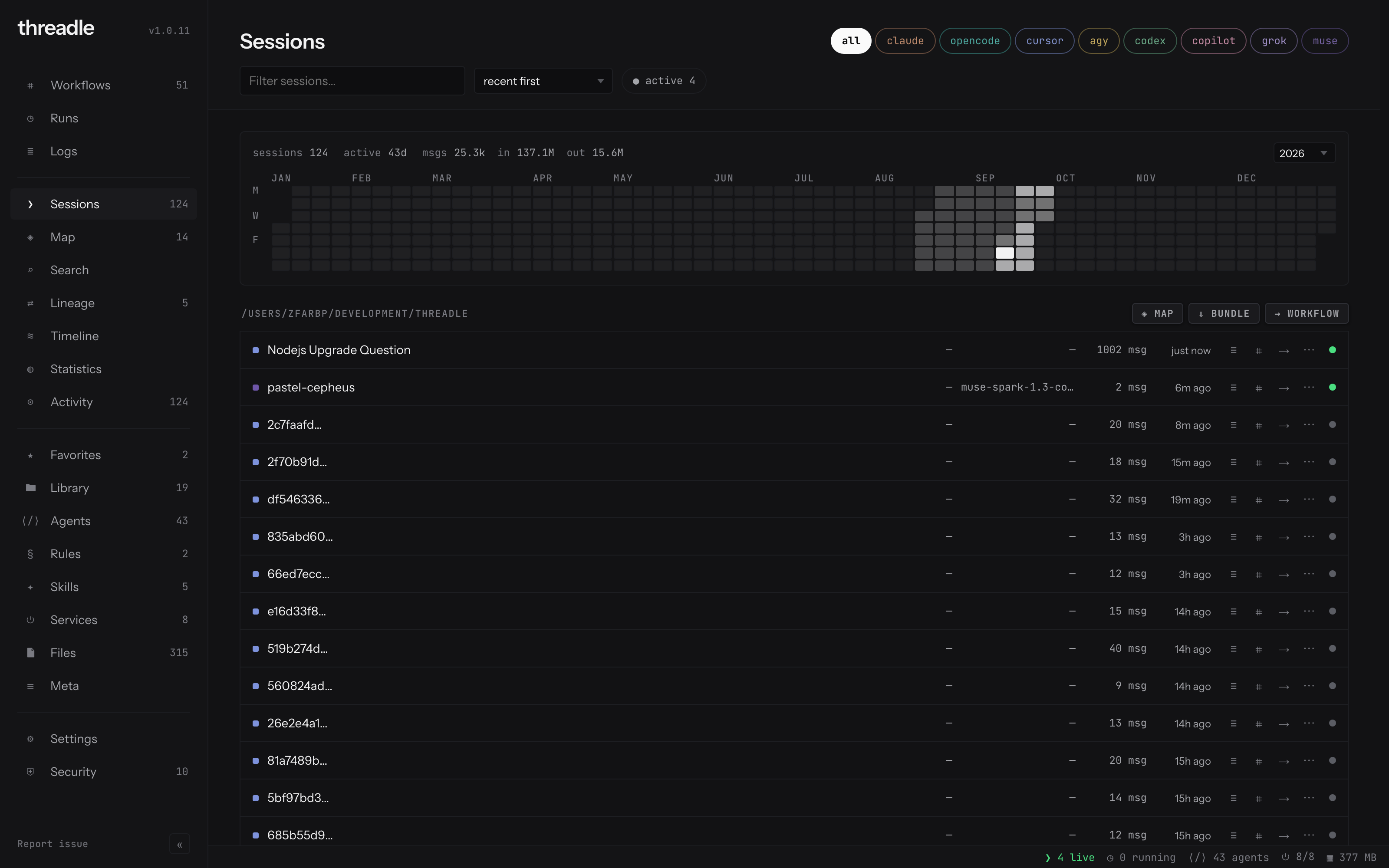Sessions: every local session with tokens, cache, and spend
