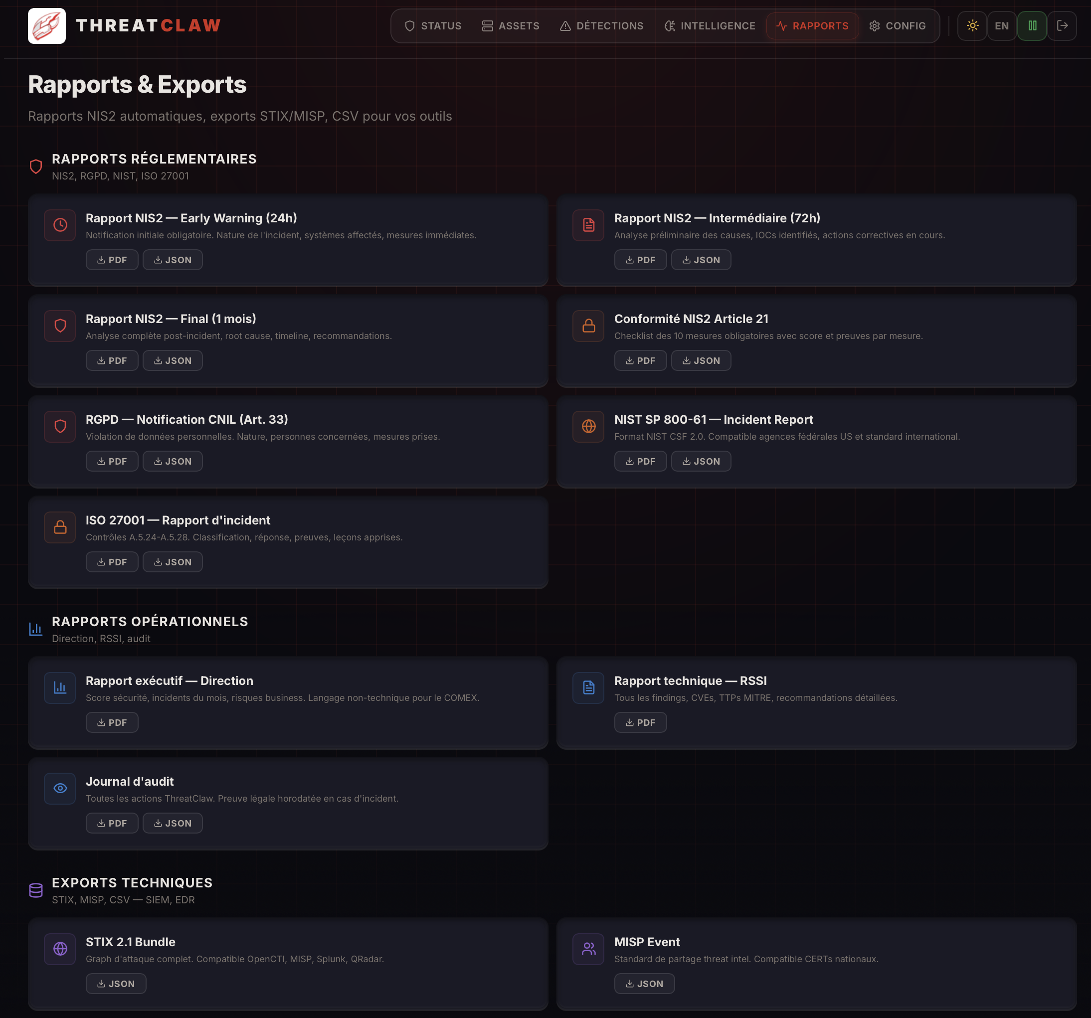 Reports & Exports — NIS2, RGPD, ISO 27001, STIX/MISP