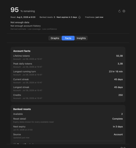 Facts view showing account facts and banked resets