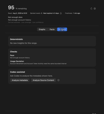 Insights view showing local checks and Analyze with Codex