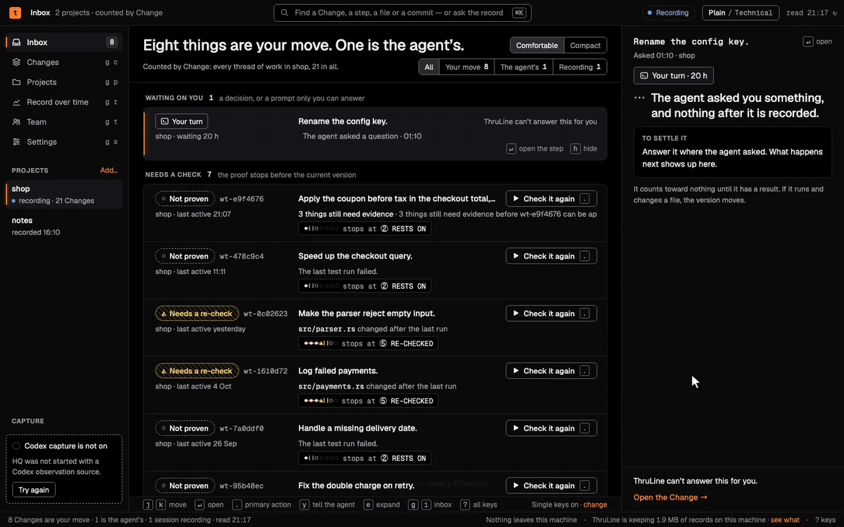 ThruLine HQ on demo data: Inbox, Change Brief, every statement, what changed, what counts as done, Check it again