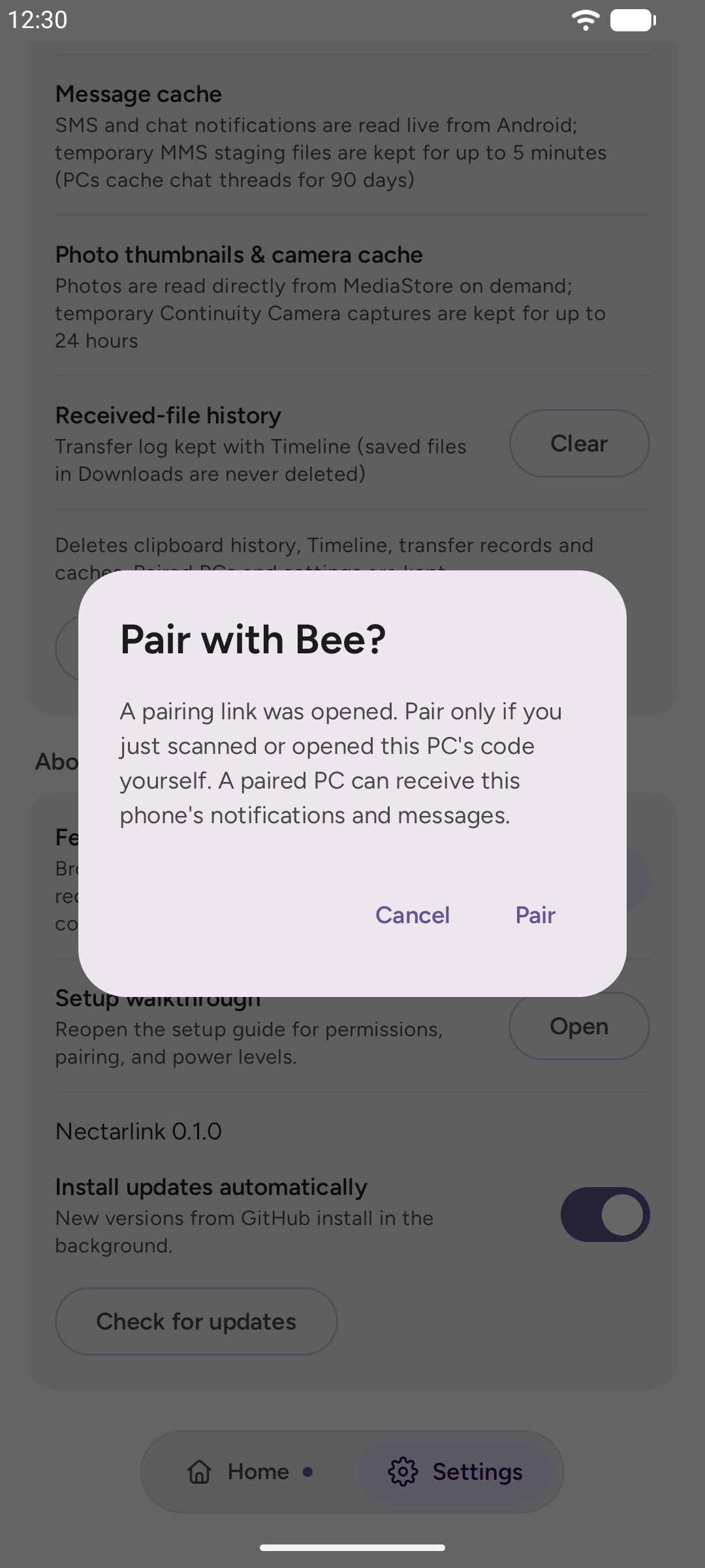 The phone asking Pair with Bee? after a pairing link was opened