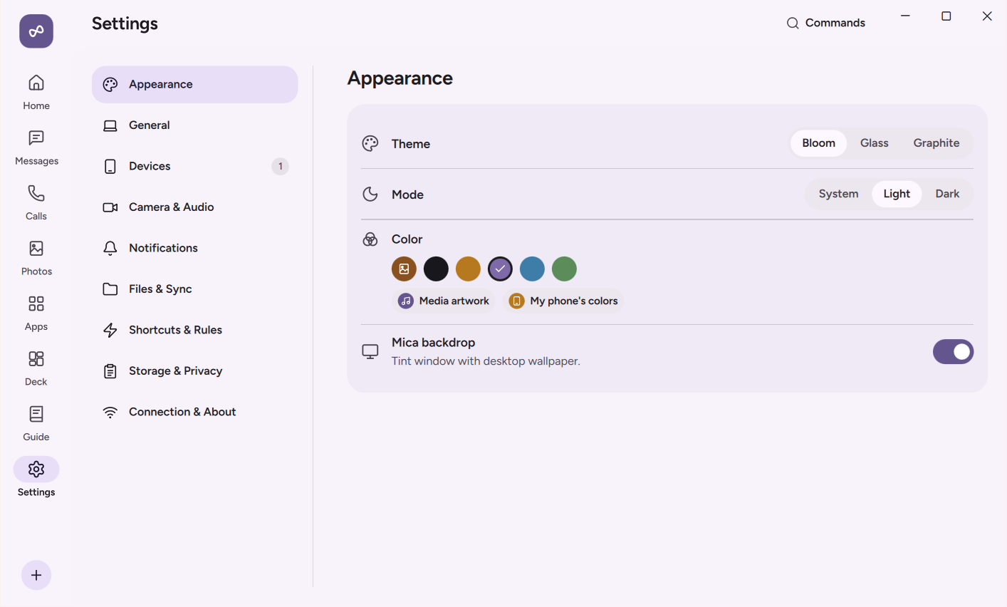 Settings, Bloom theme