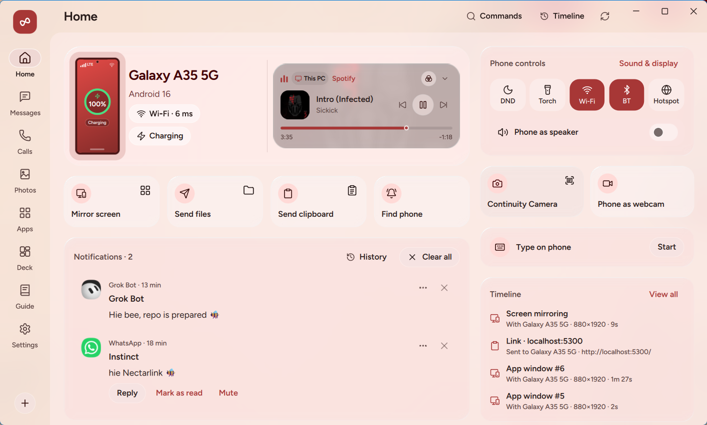 NectarLink for Windows: Home with the phone's notifications and music playing, Glass theme