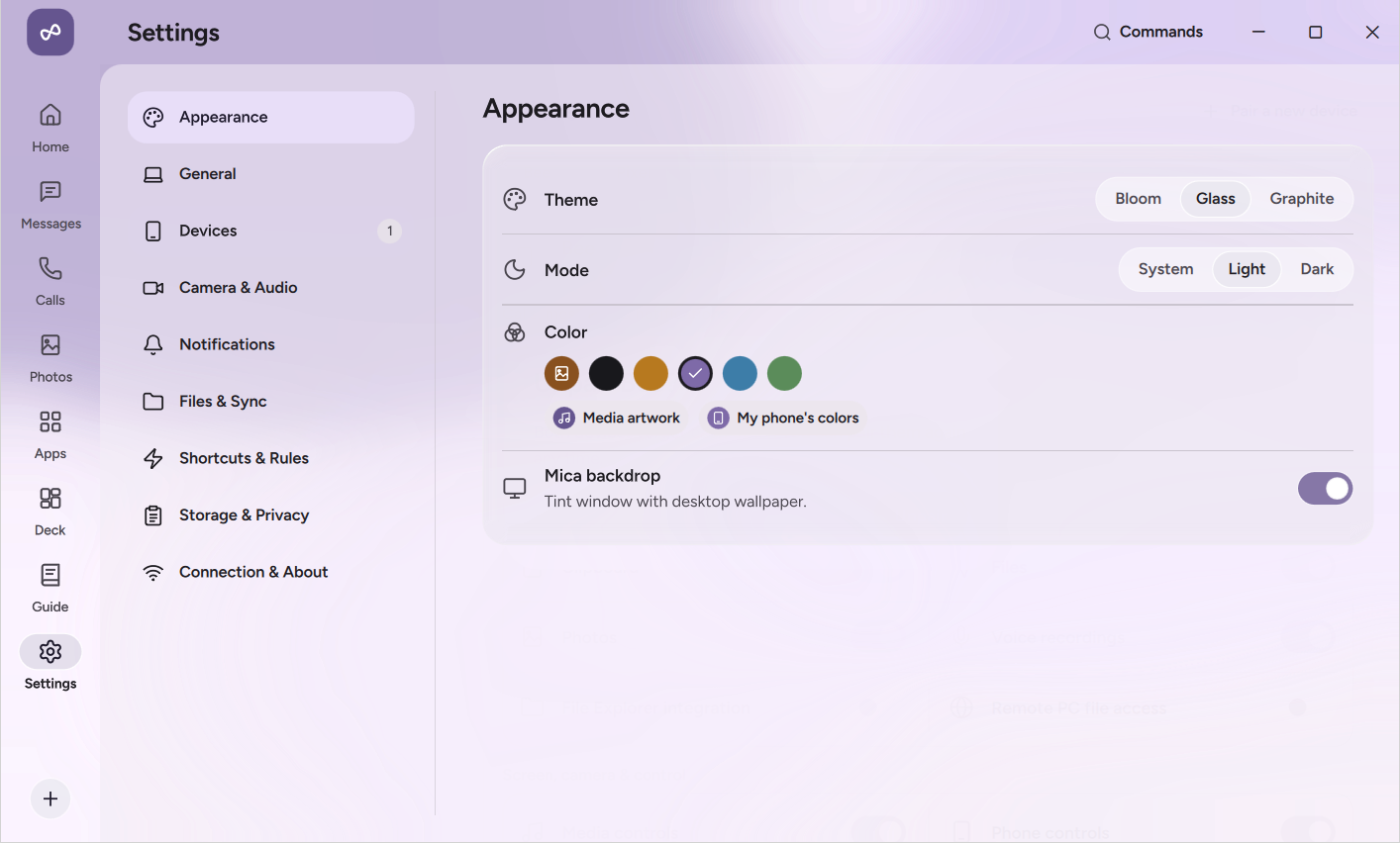 Settings, Glass theme