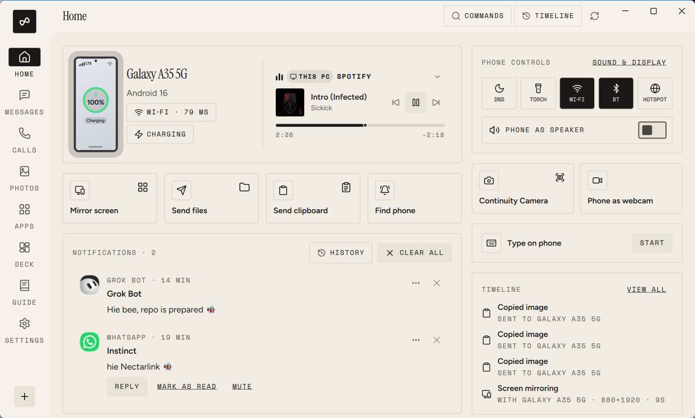 Home with notifications and music playing on the PC, Graphite theme