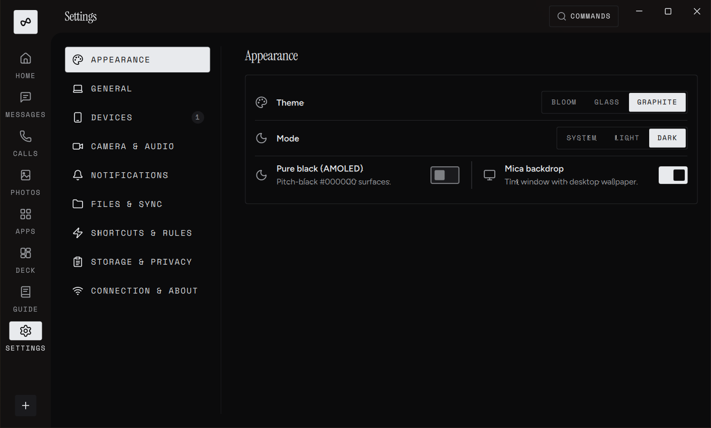 Settings, Graphite theme, dark
