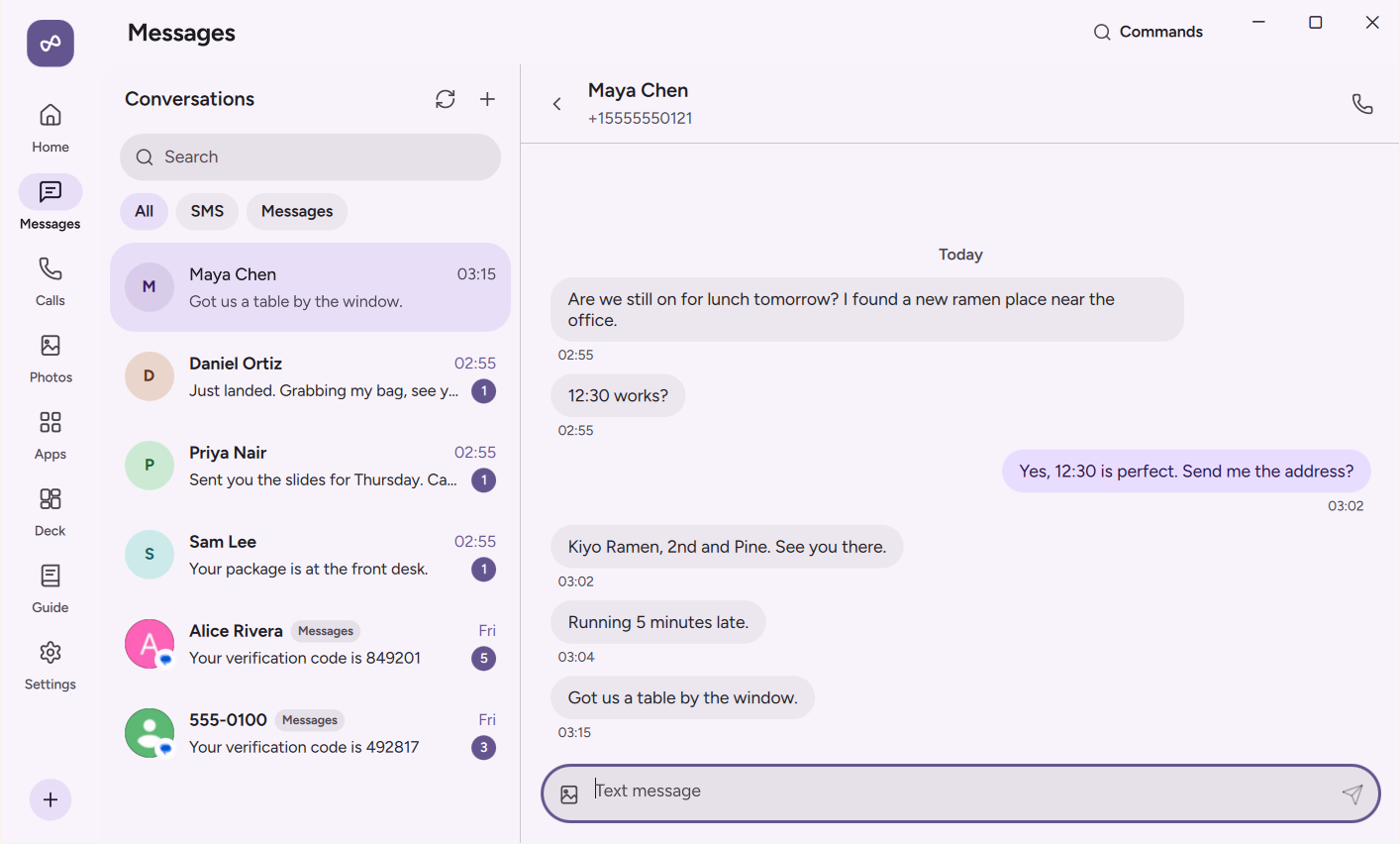 Messages: a conversation from the phone, answered on the PC