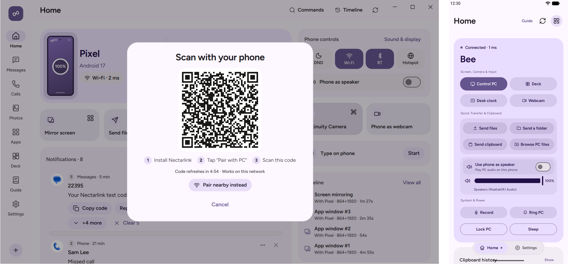 Pairing a phone by QR code, next to the Android app's Home with the PC connected
