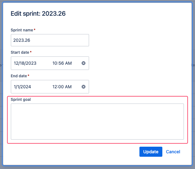 Jira sprint goal section