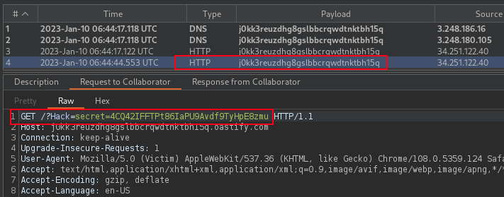 Collaborator capture XSS Request from victim browsing target