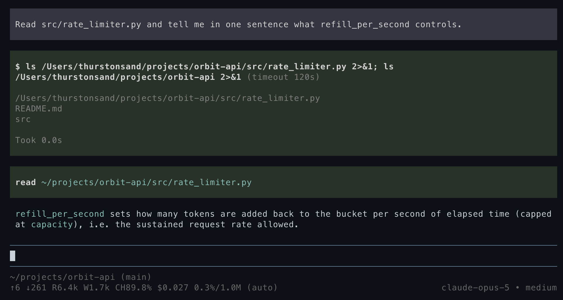 A turn on claude-opus-5 running pi's own bash and read tools, with token counts, cache hit rate, and cost in the footer