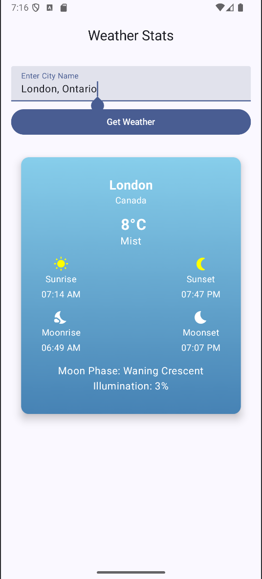 WeatherStats app screen showing weather and moon details for London, Ontario