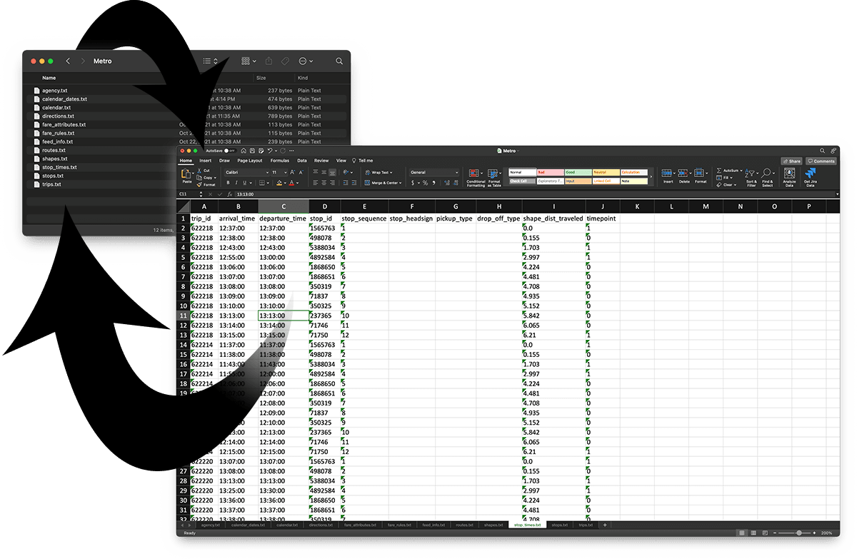 Screenshot of a GTFS feed unzipped into a directory next to Microsoft Excel with spreadsheet tabs for each of the files