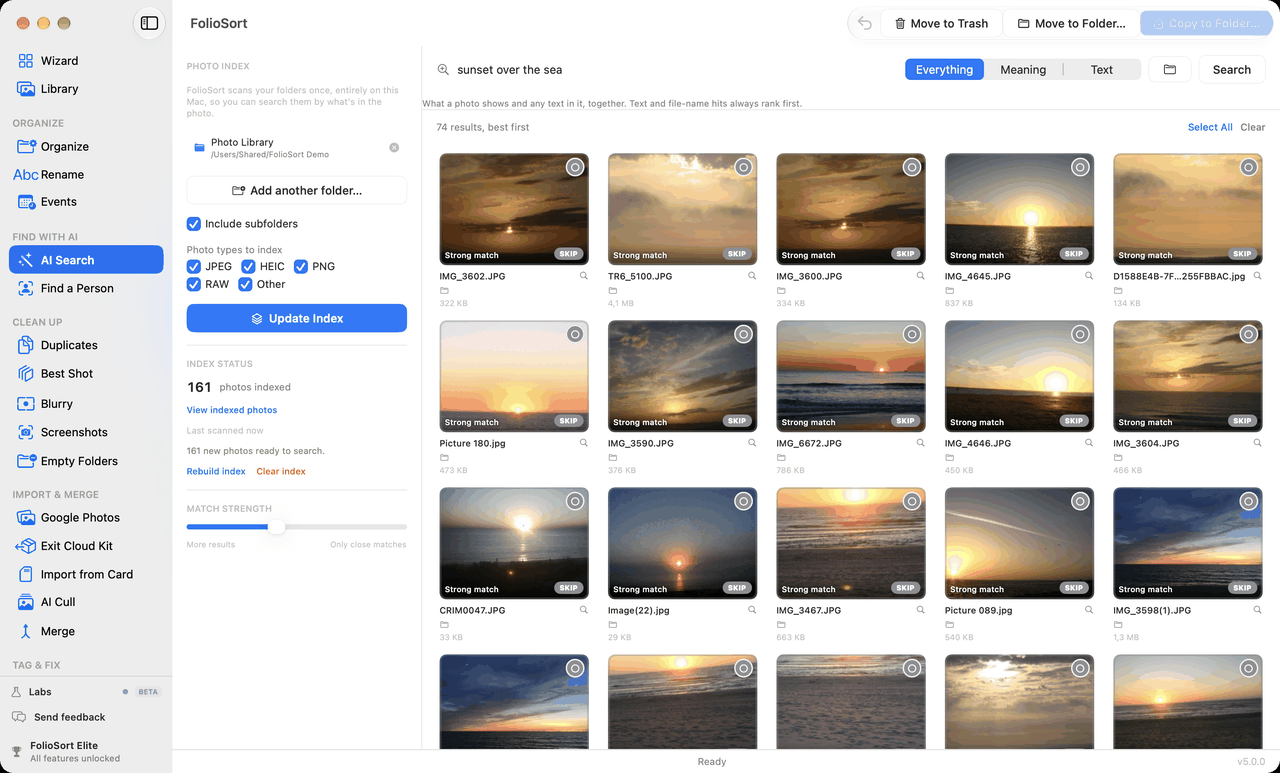 On-device AI photo search finding pictures from a plain-language description