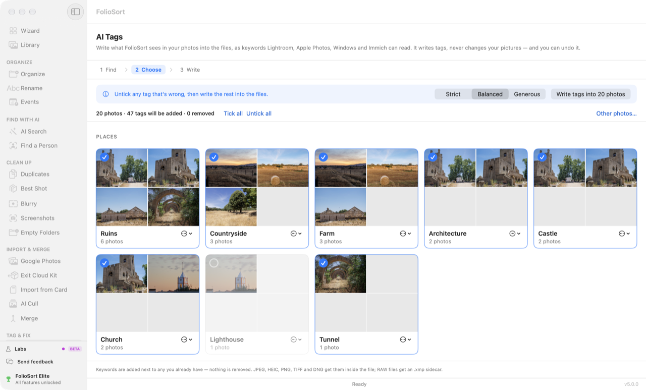 AI Tags proposing keywords to write into photos as XMP and IPTC