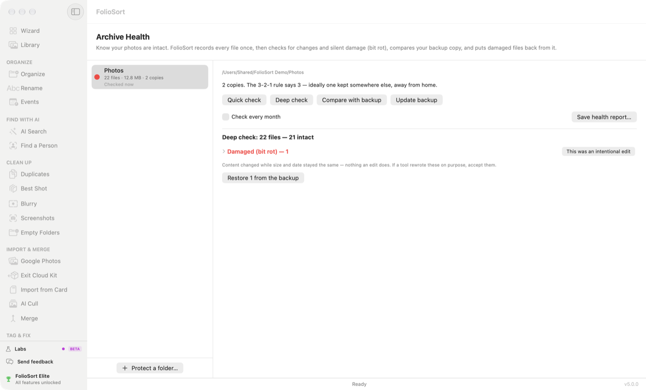 Archive Health finding a corrupted photo (bit rot) and restoring it from the backup