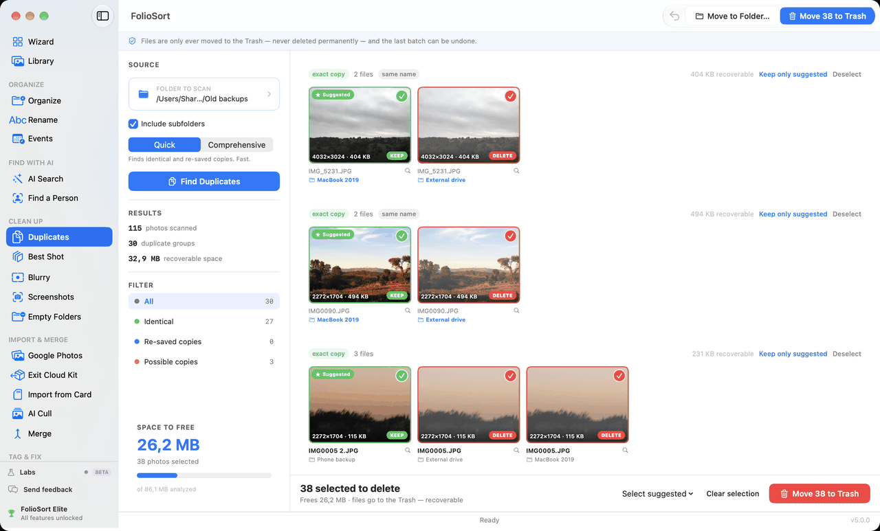 Duplicate photo finder grouping exact and visually similar copies with space to recover