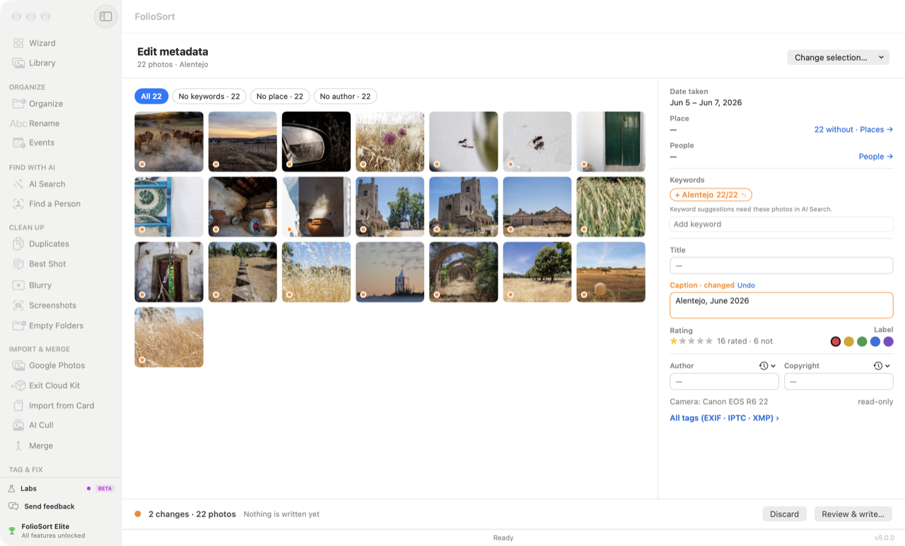 Edit metadata changing title, caption, keywords and copyright across 22 photos at once