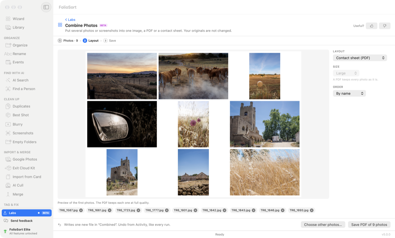 FolioSort Labs Combine Photos creating a contact sheet from several photos
