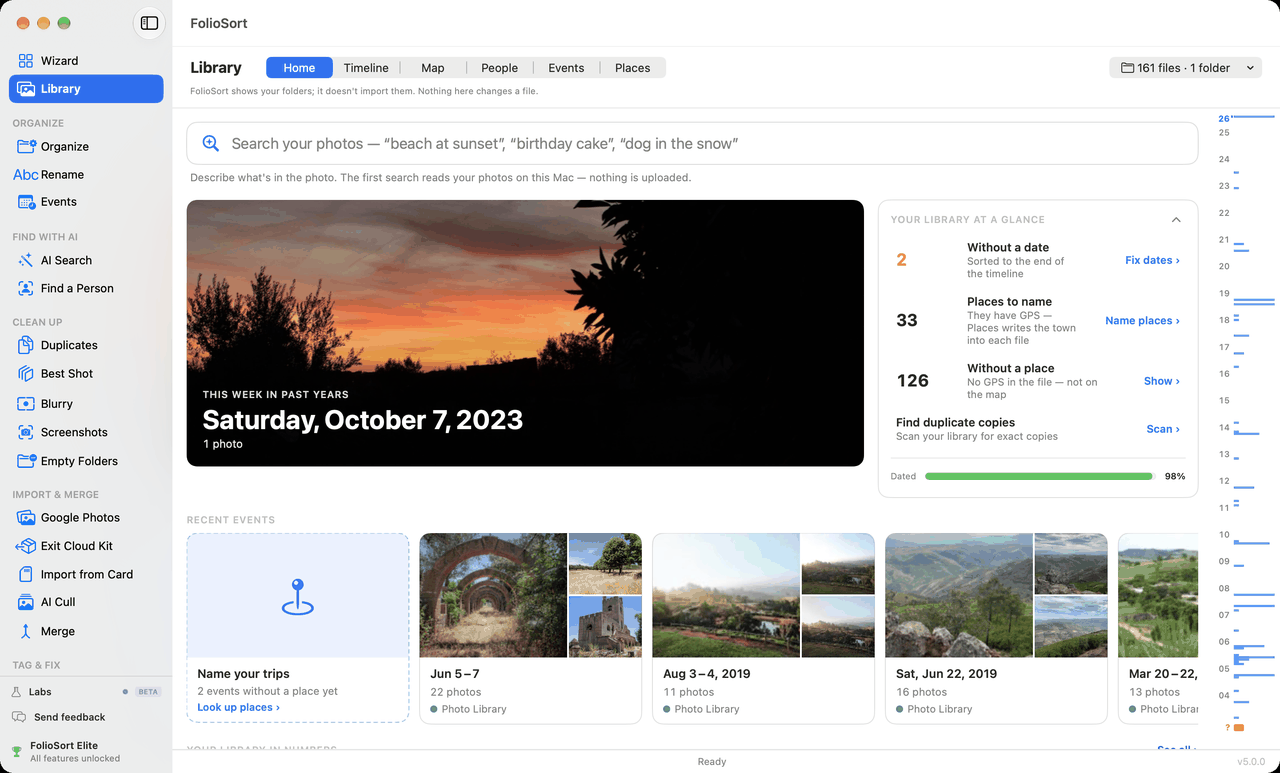 FolioSort 5 Library Home — every photo on every drive in one timeline, with on-device AI search, On this day and recent events