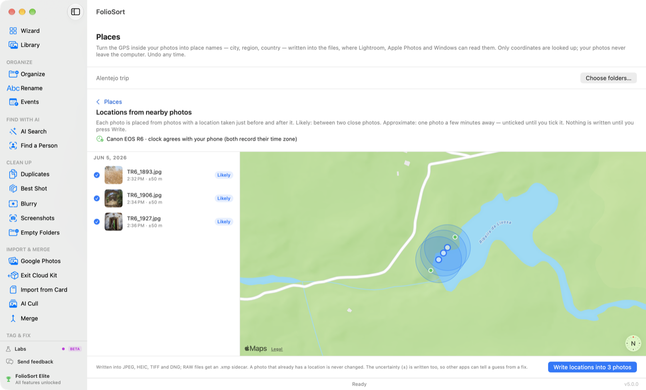 Places giving camera photos without GPS a location from nearby phone photos, shown on a map