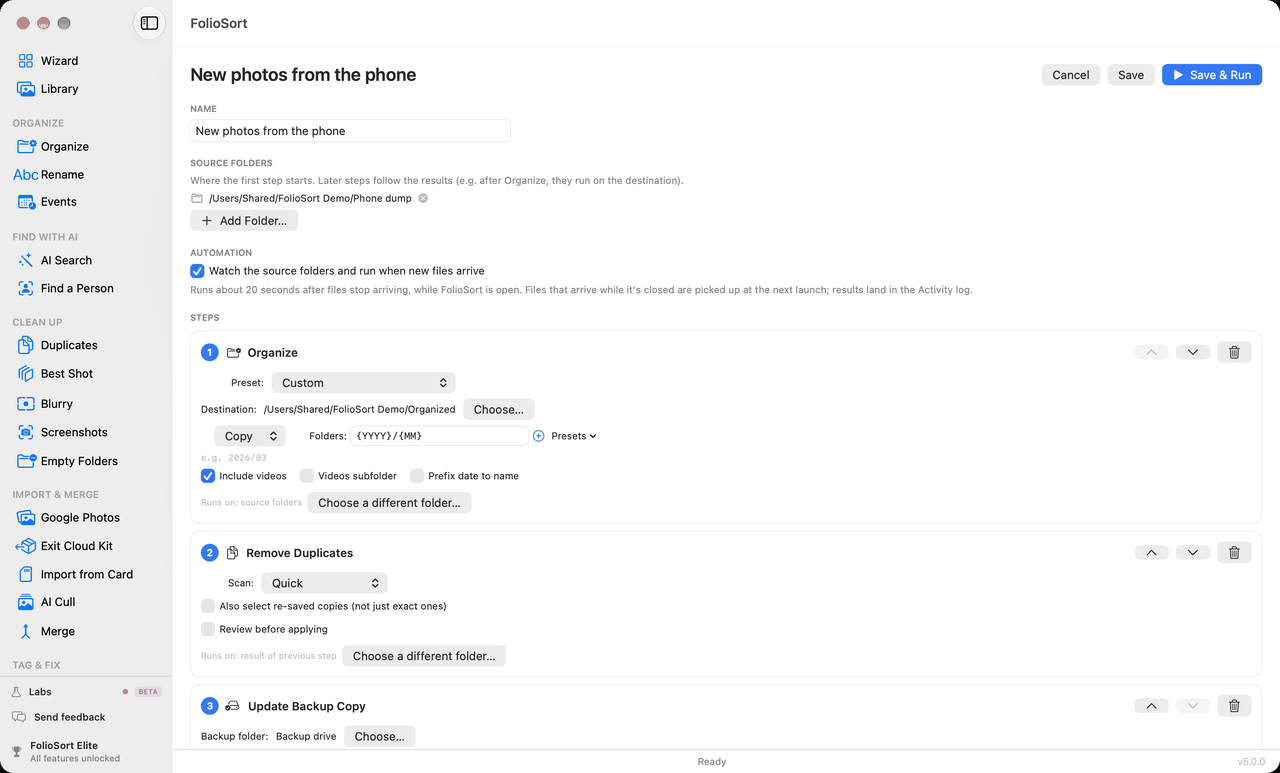 Workflows chaining organize, duplicates and rename into one automated run