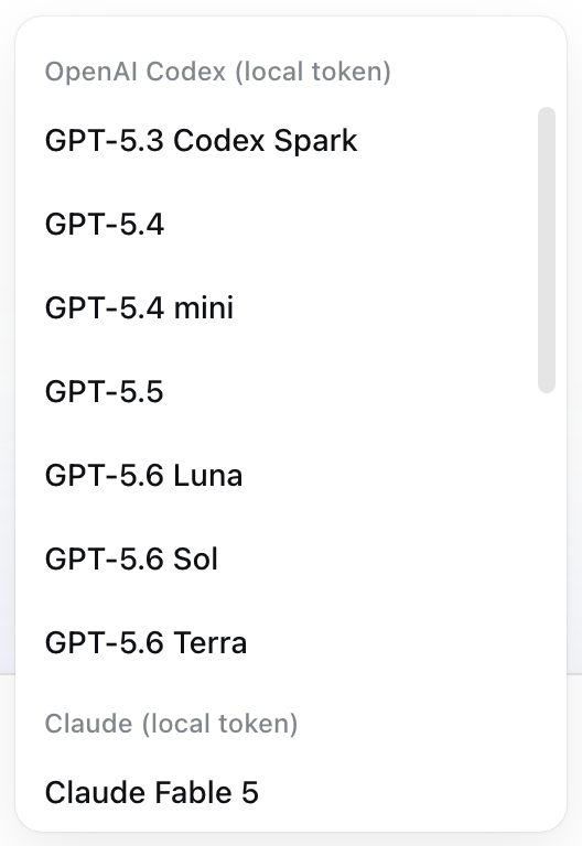 The DSH model picker listing OpenAI Codex (local token) and Claude (local token) groups
