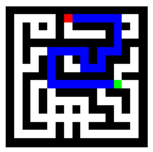 An example maze generated via randomized depth-first search and percolation