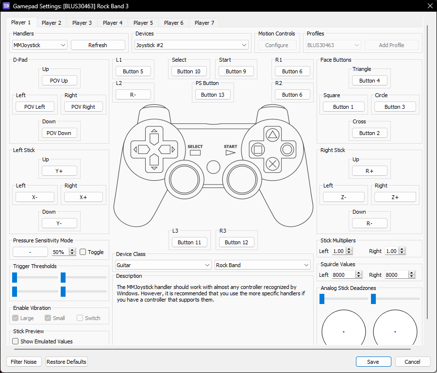 A screenshot of RPCS3's Gamepad Settings with a Höfner
