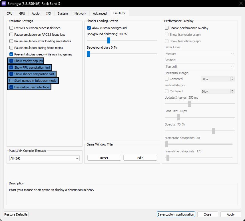 A screenshot of Rock Band 3's Emulator custom settings, showing "Show trophy popups", "Show PPU compilation hint", "Show Shader Compilation hint", "Start Games in fullscreen mode", "Use native user interface".