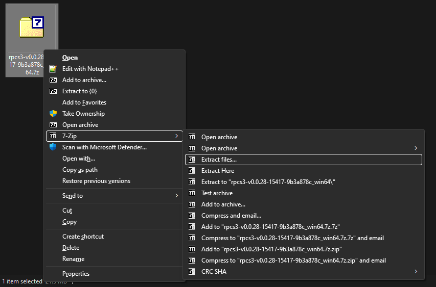A screenshot of the right click menu from Windows Explorer highlighting "Extract files..." from the 7-Zip category.
