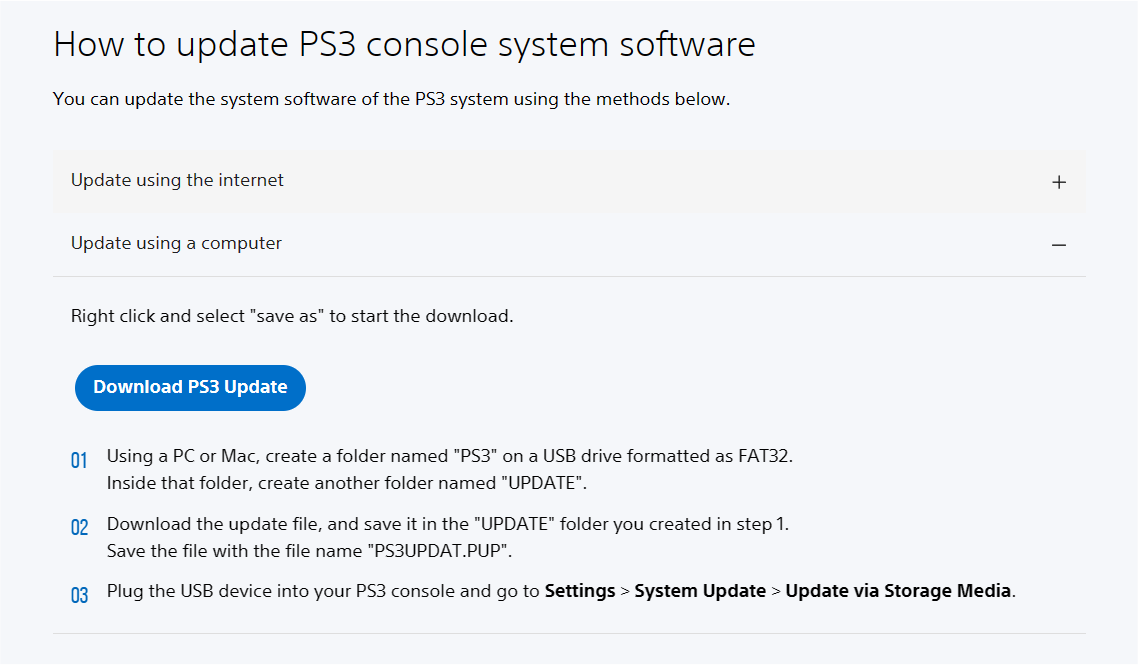 A screenshot of Sony's "How to update PS3 console system software" page with the "Update using a computer" subcategory expanded.