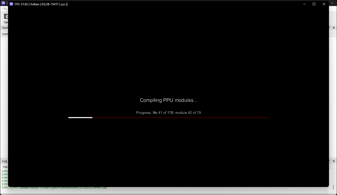 A screenshot of RPCS3 compiling PPU modules with a progress bar at 1/8th completion.