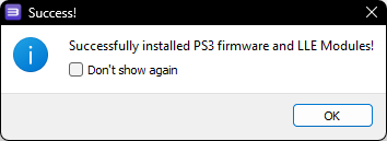 A screenshot of RPCS3's Firmware Installer after a successful install of PS3 firmware and LLE modules.