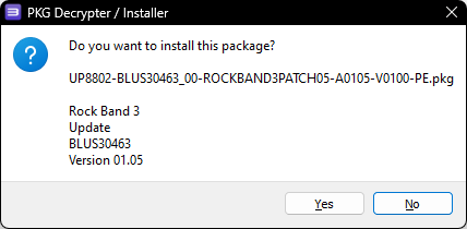 A screenshot of RPCS3's Decrypter/ Installer asking if the user wants to install the Rock Band 3 update package file.