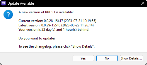 A screenshot of alerting the user RPCS3 has an update available.