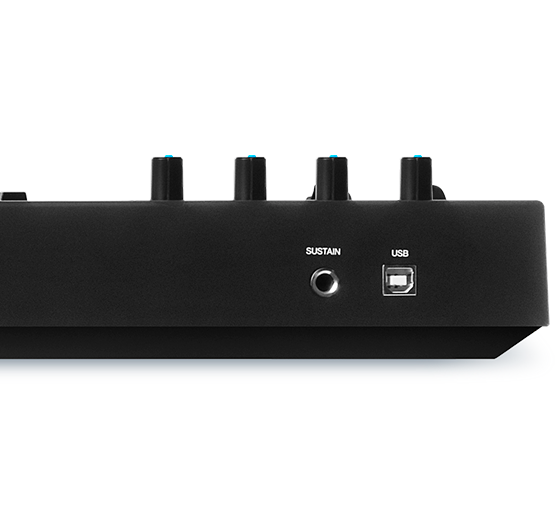 A picture of a MIDI controller's back, showing a USB port and a sustain pedal