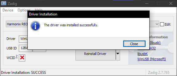 A screenshot of Zadig telling the user that the driver was installed successfully with "Close" highlighted.