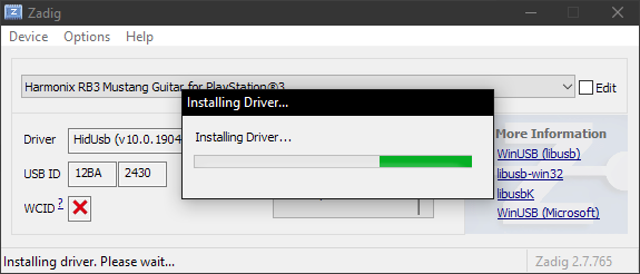 A screenshot of Zadig in the middle of a driver install.