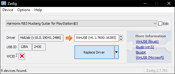 A screenshot of Zadig with "Replace Driver" highlighted.